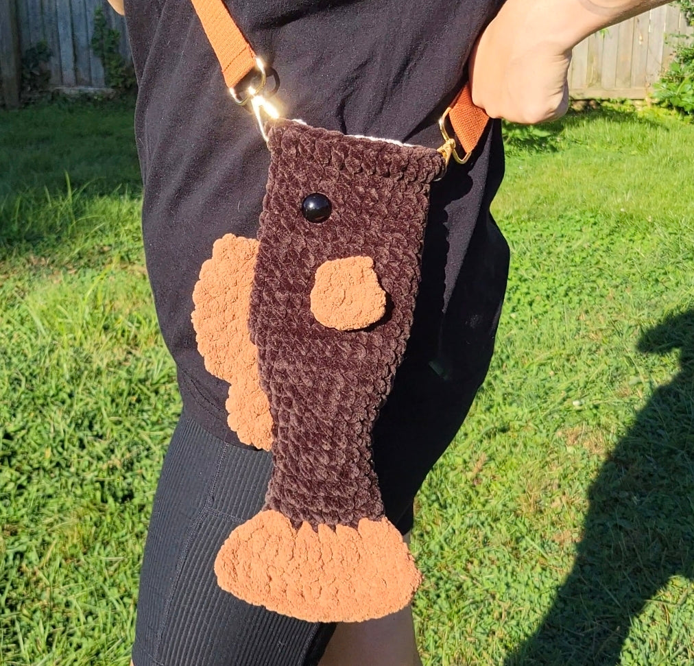 Crossbody Fish Bag - Dark Brown Velvet & Bronze