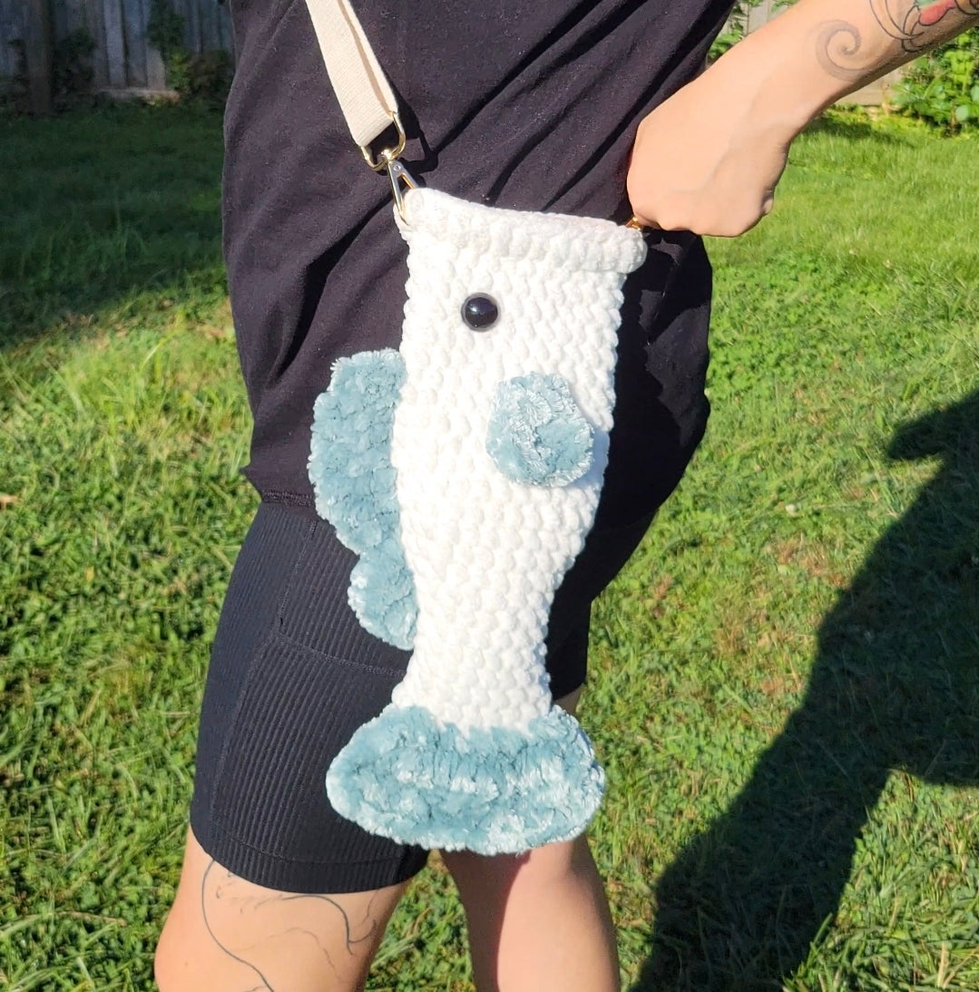 Crossbody Fish Bag - White & Blue Velvet Fins